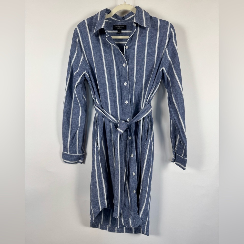 Banana Republic Navy White Stripe Linen Shirt Dress MEDIUM Tie Waist Coastal